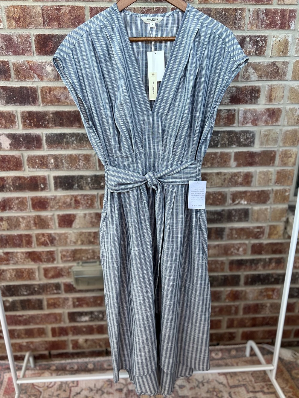 NWT Max Studio London Navy White Striped Wide Leg Jumpsuit Size M Smocked